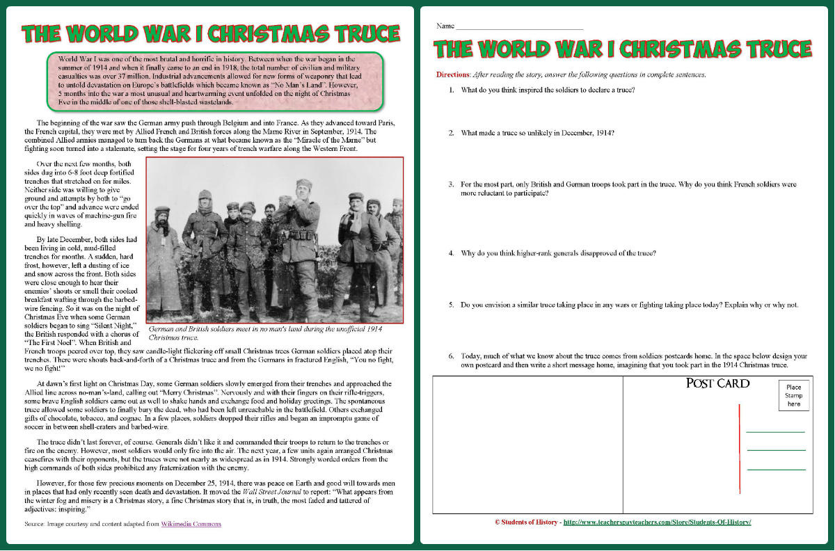 Students Of History: World War 1 Reading On Christmas Truce Lesson throughout Christmas Truce Worksheet