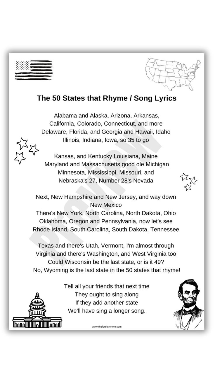 The 50 States That Rhyme Song Lyrics pertaining to Free Printable Song Lyrics
