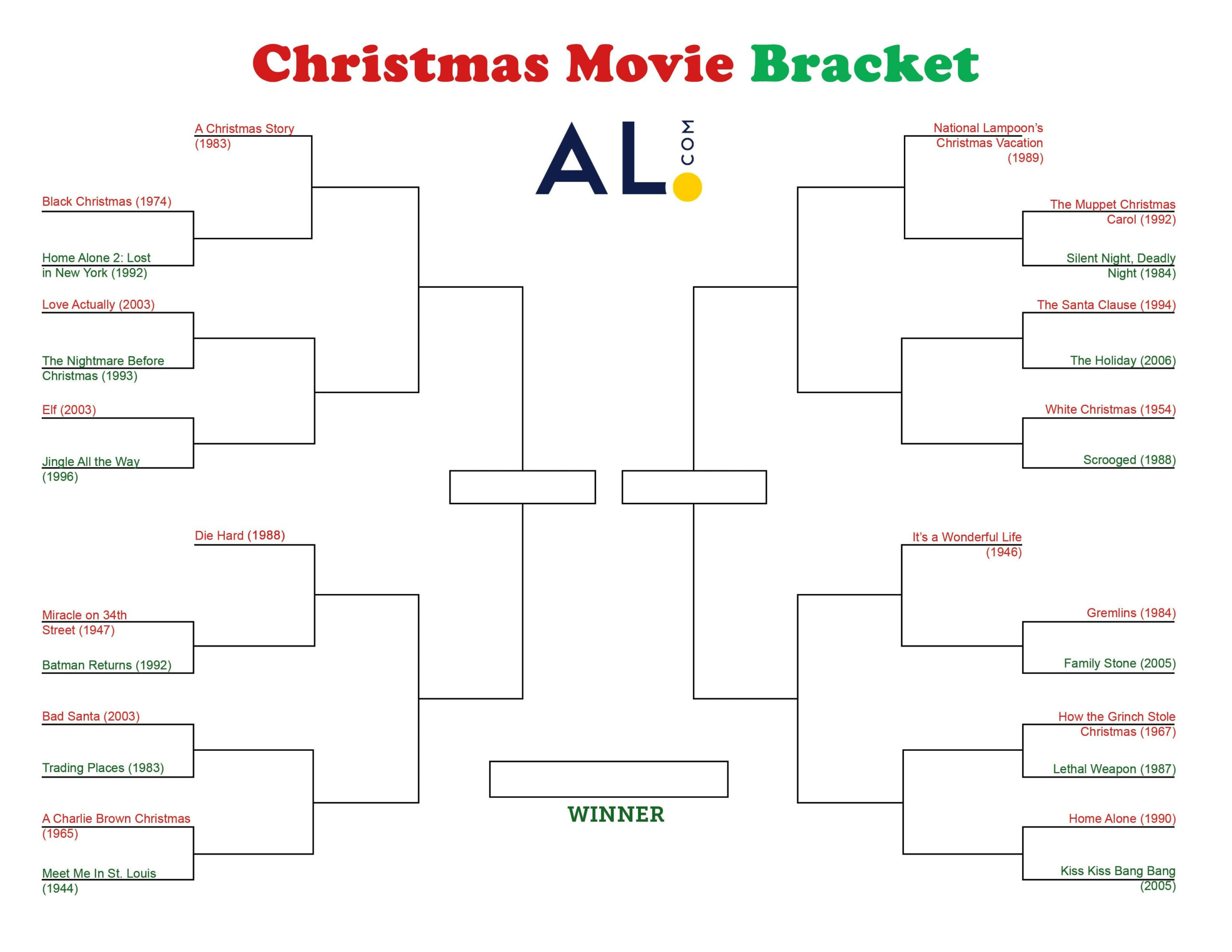 The Best Christmas Movie Of All Time Bracket - Al for Christmas Movie Bracket Printable