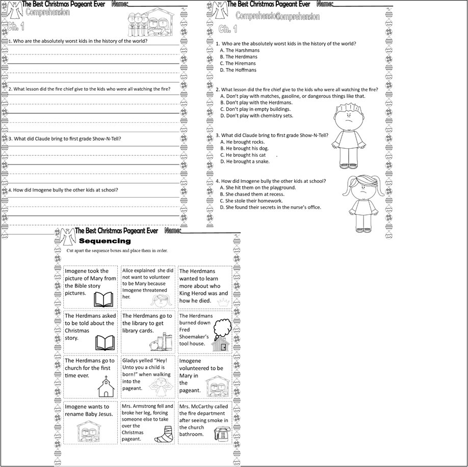 The Best Christmas Pageant Ever Reading Quiz Tests & Story in The Best Christmas Pageant Ever Free Worksheets