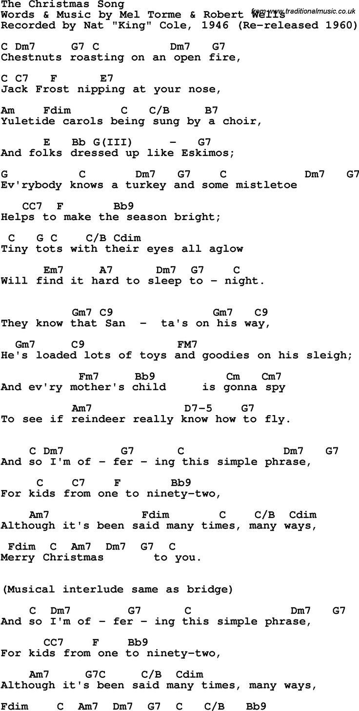 The Christmas Song Chords - Nat King Cole 1946 throughout Printable Christmas Songs With Guitar Chords