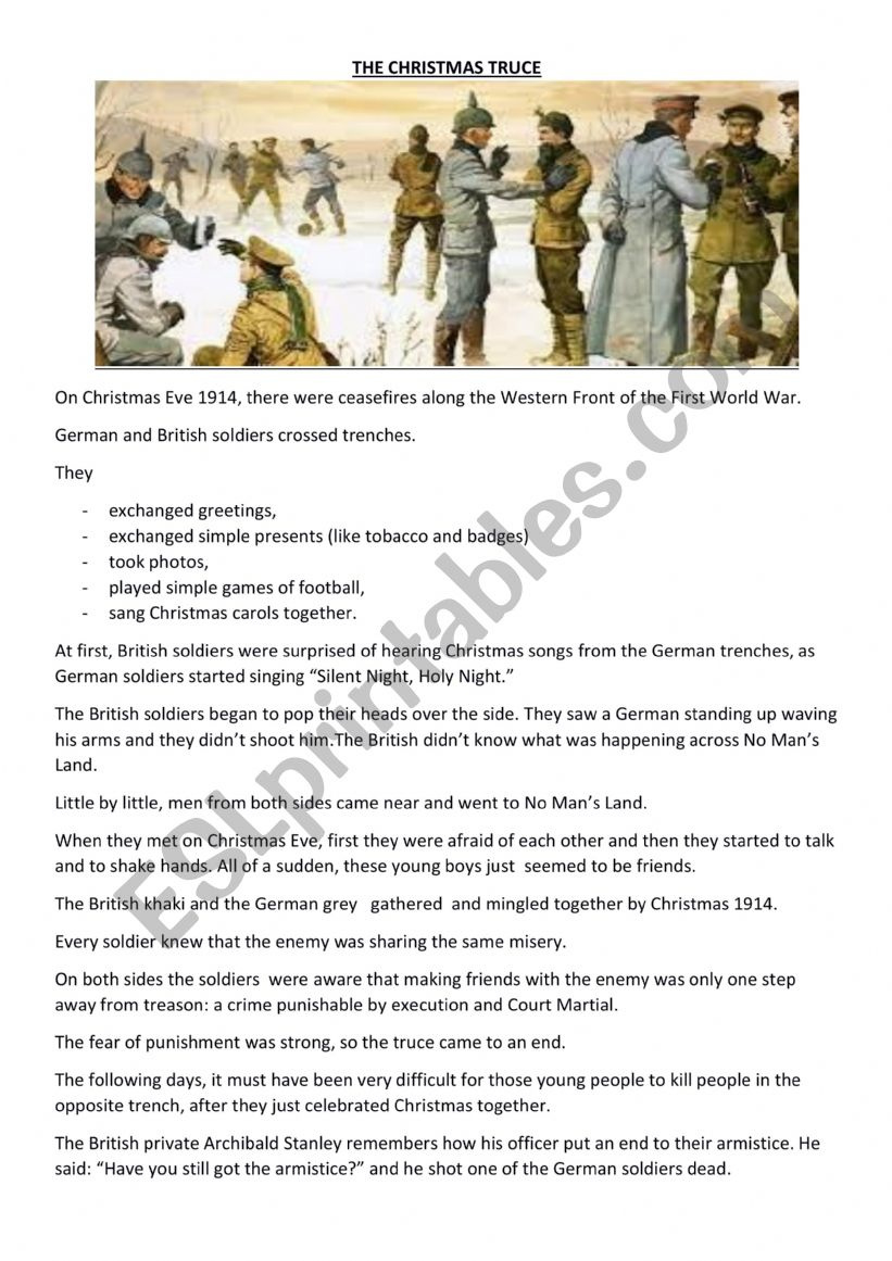The Christmas Truce - Reading Comprehension - Esl Worksheet intended for Christmas Truce Worksheet