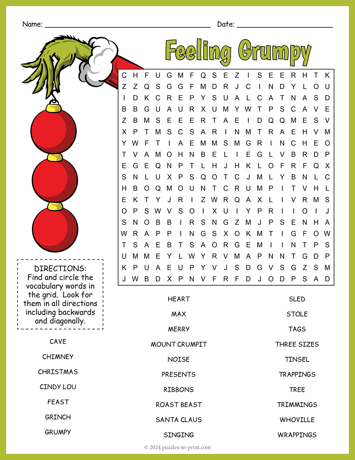 The Grinch Word Search for Grinch Word Search Printable