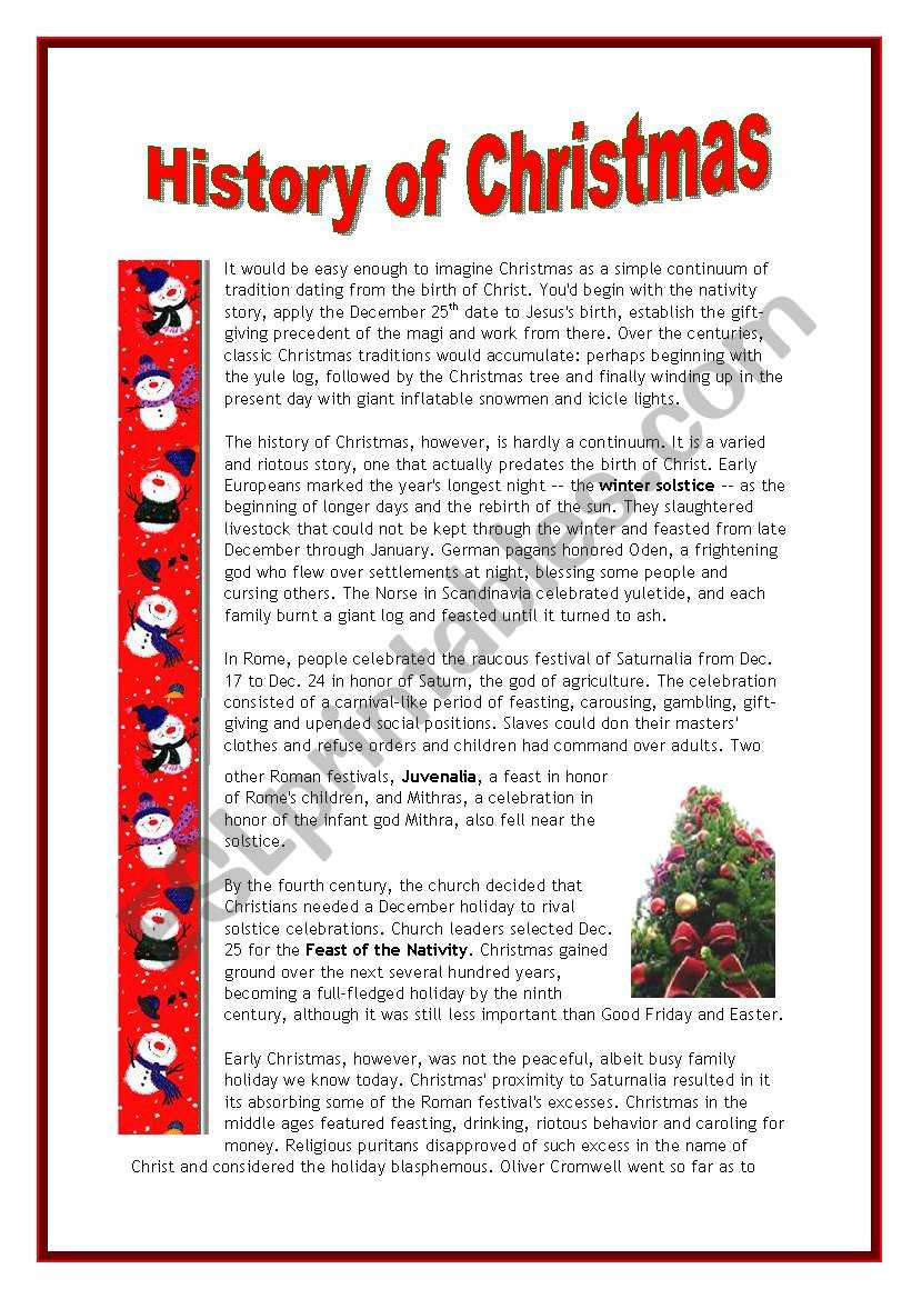 The History Of Christmas - 4 Pages - Esl Worksheetmarsala throughout History Of Christmas Worksheets