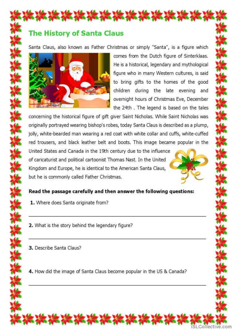 The History Of Santa Claus Reading F…: English Esl Worksheets Pdf in History Of Christmas Worksheets
