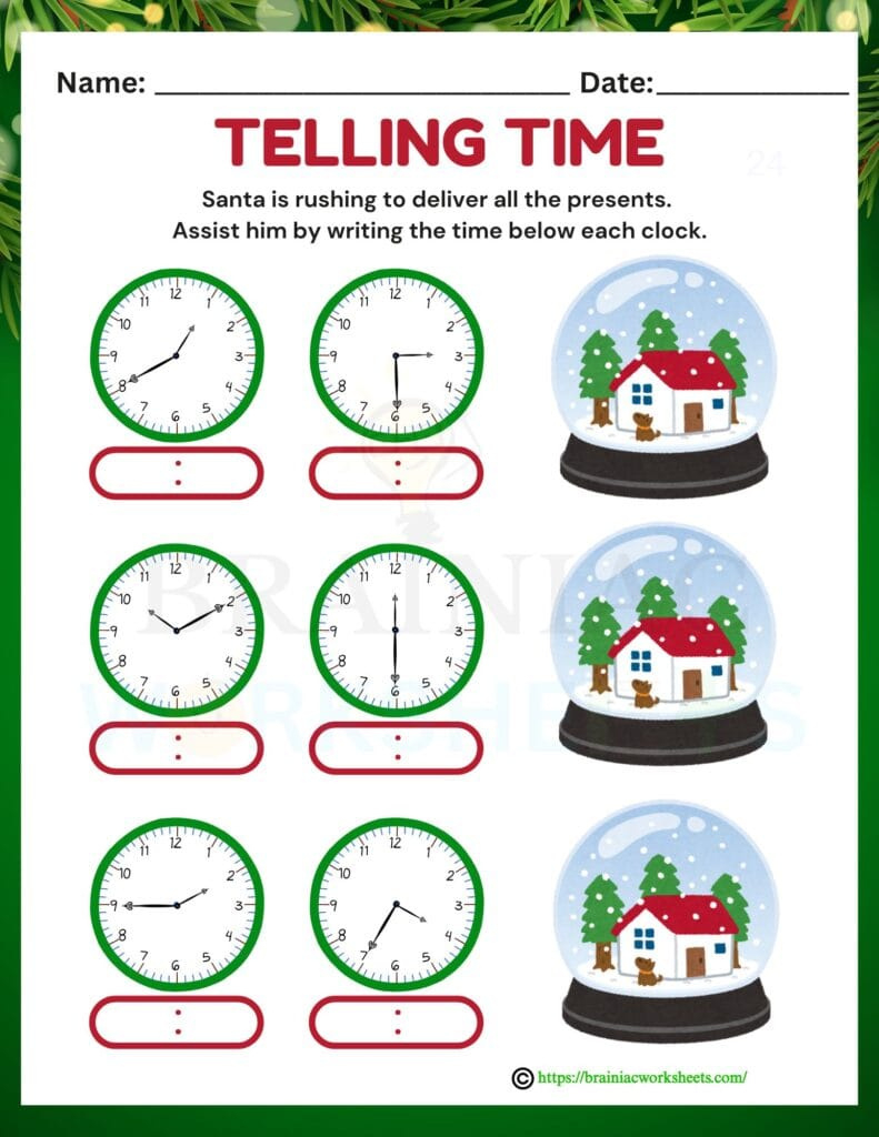Time Telling Christmas Maths Worksheet For Class 4 - Brainiac for Christmas Telling Time Worksheets