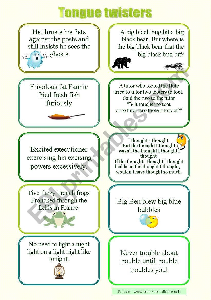 Tongue Twisters - Esl Worksheethayet in Free Printable Tongue Twisters