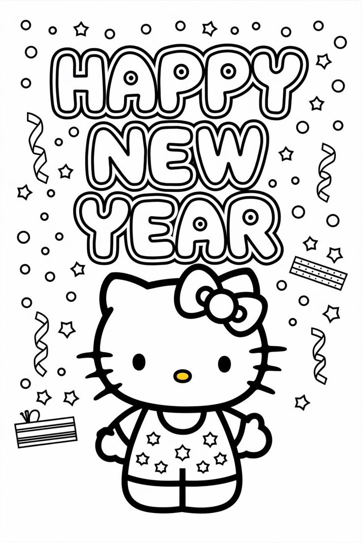 Top 15 Hello Kitty New Year Coloring Page 🎉: New Year Coloring in New Years Eve Coloring Sheets Printable