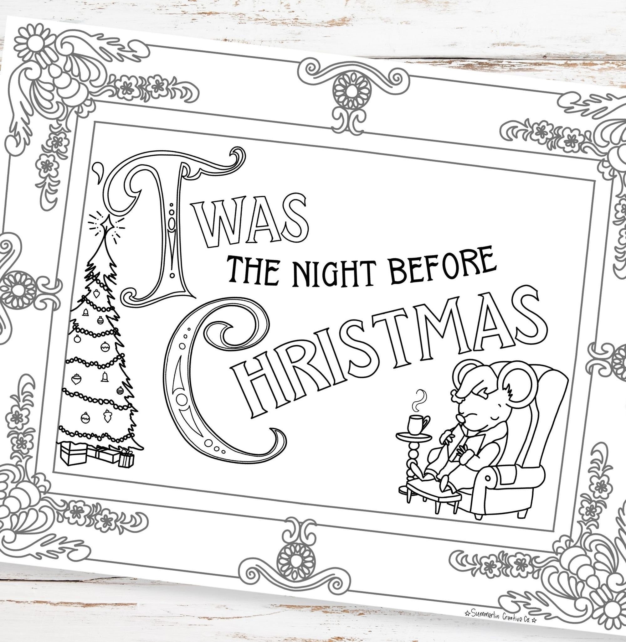 Twas The Night Before Christmas Coloring Page, Holiday Pdf with Twas the Night Before Christmas Pictures Printable