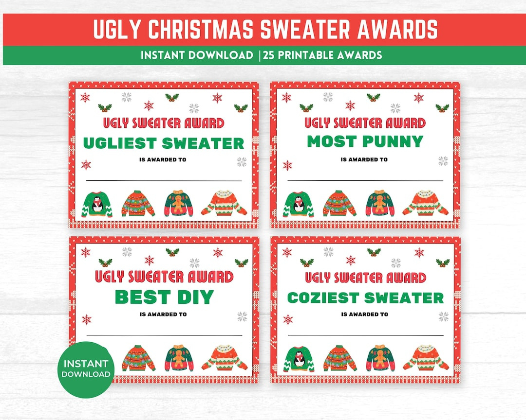 Ugly Christmas Sweater Awards, Ugly Sweater Party Certificates with Ugly Christmas Sweater Awards Printable