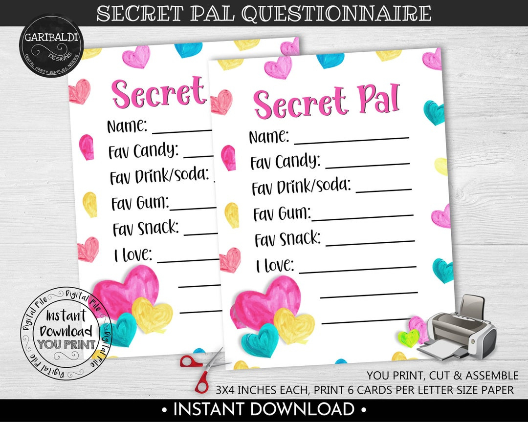 Valentine'S Day Secret Pal Questionnaire, Printable Gift Exchange Wish List Form, Secret Pal Survey, My Favorite Things Gift Ideas Card Vl - Etsy.de with regard to Free Printable Secret Pal Questionnaire