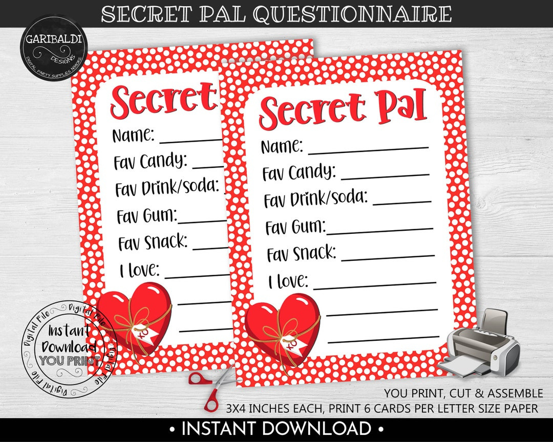 Valentine'S Day Secret Pal Questionnaire, Printable Gift Exchange Wish List Form, Secret Pal Survey, My Favorite Things Gift Ideas Card Vl - Etsy.de within Free Printable Secret Pal Questionnaire