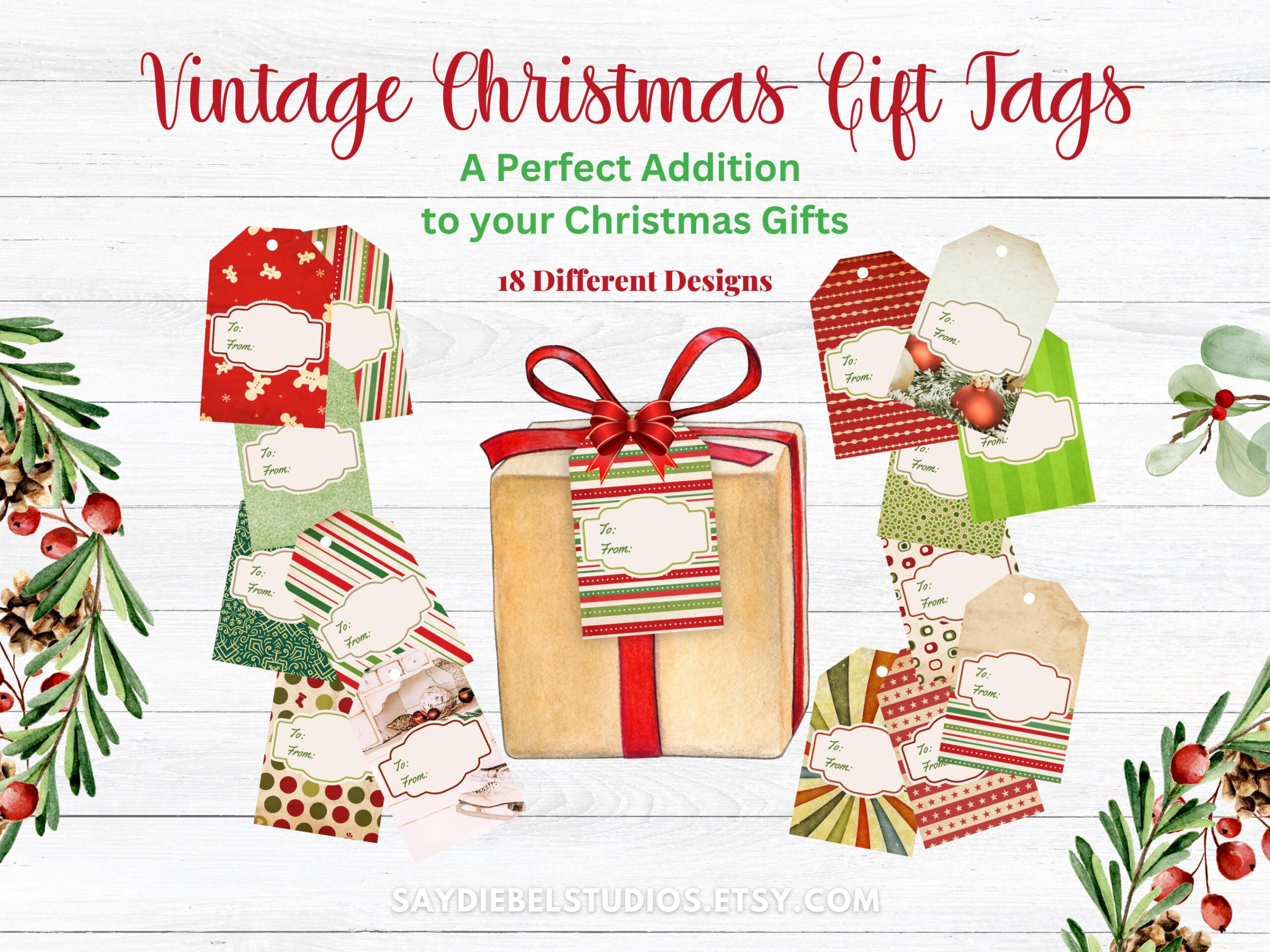 Vintage Christmas Gift Tags, Printable Holiday Diy Tags (Pdf Files regarding Etsy Printable Christmas Tags