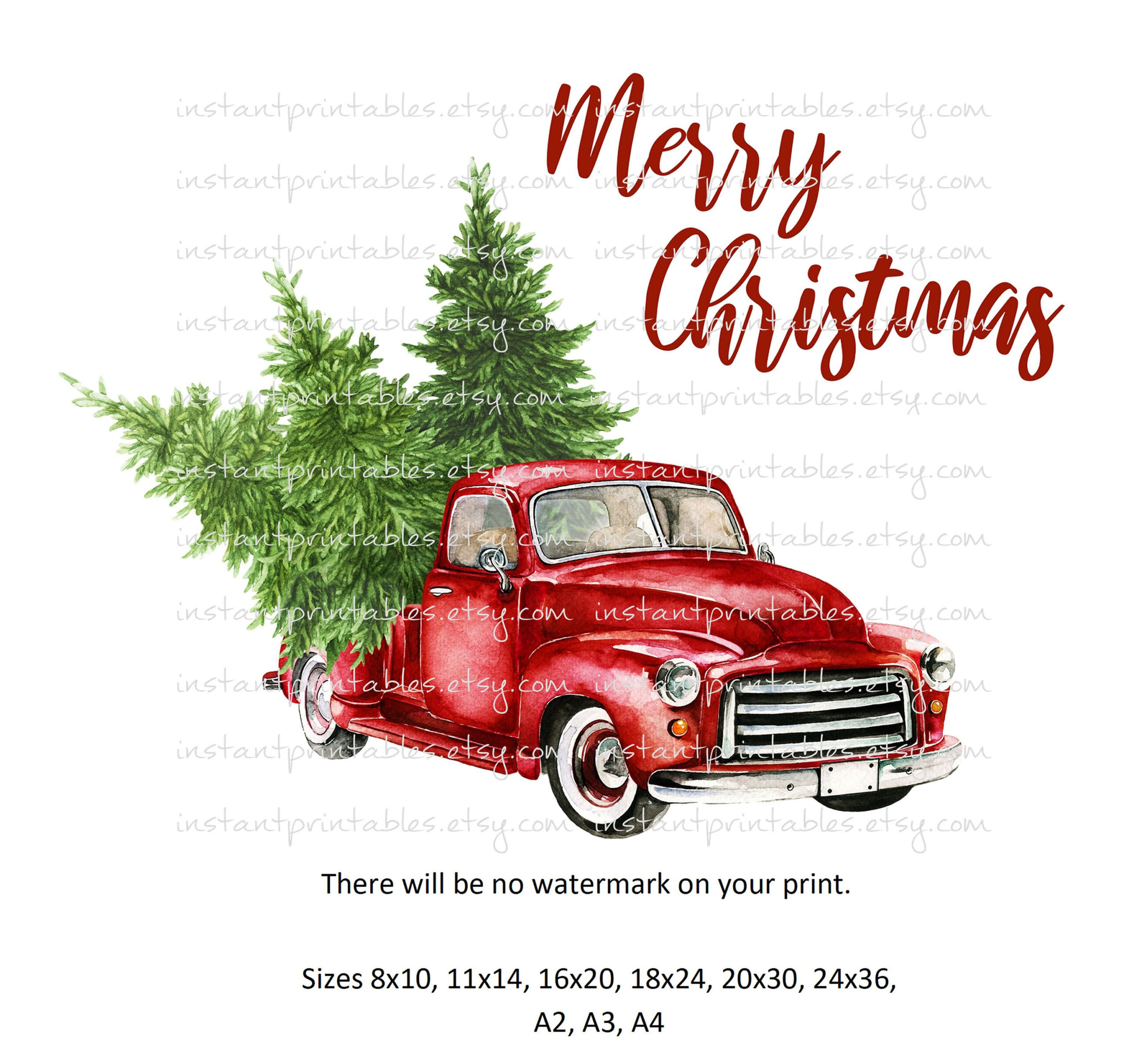 Vintage Red Truck Christmas Tree Watercolor Print (Digital throughout Printable Vintage Red Truck with Christmas Tree