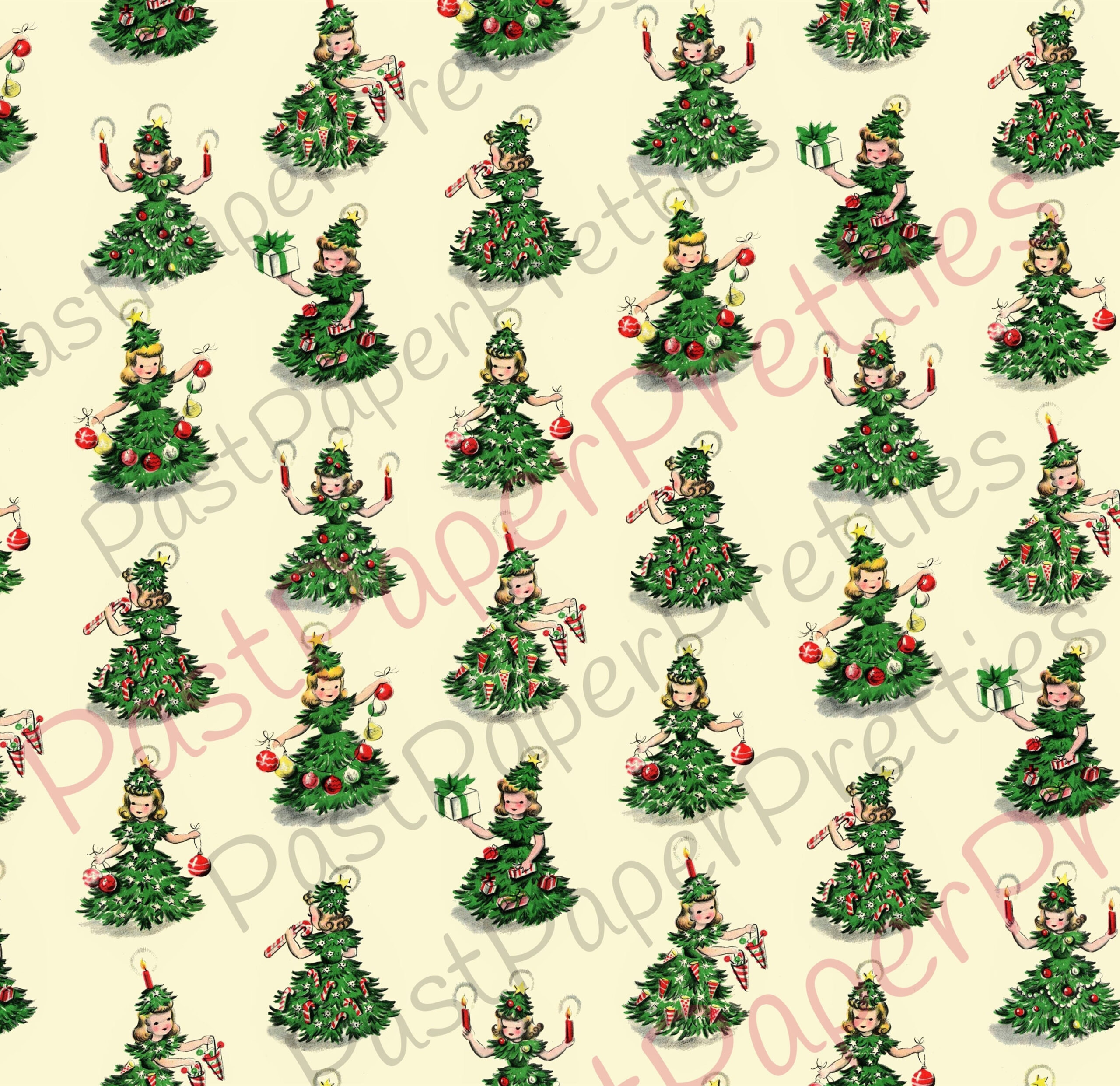Vintage Retro Printable Gift Wrap Christmas Tree Girls Collage pertaining to Christmas Pattern Paper Printable