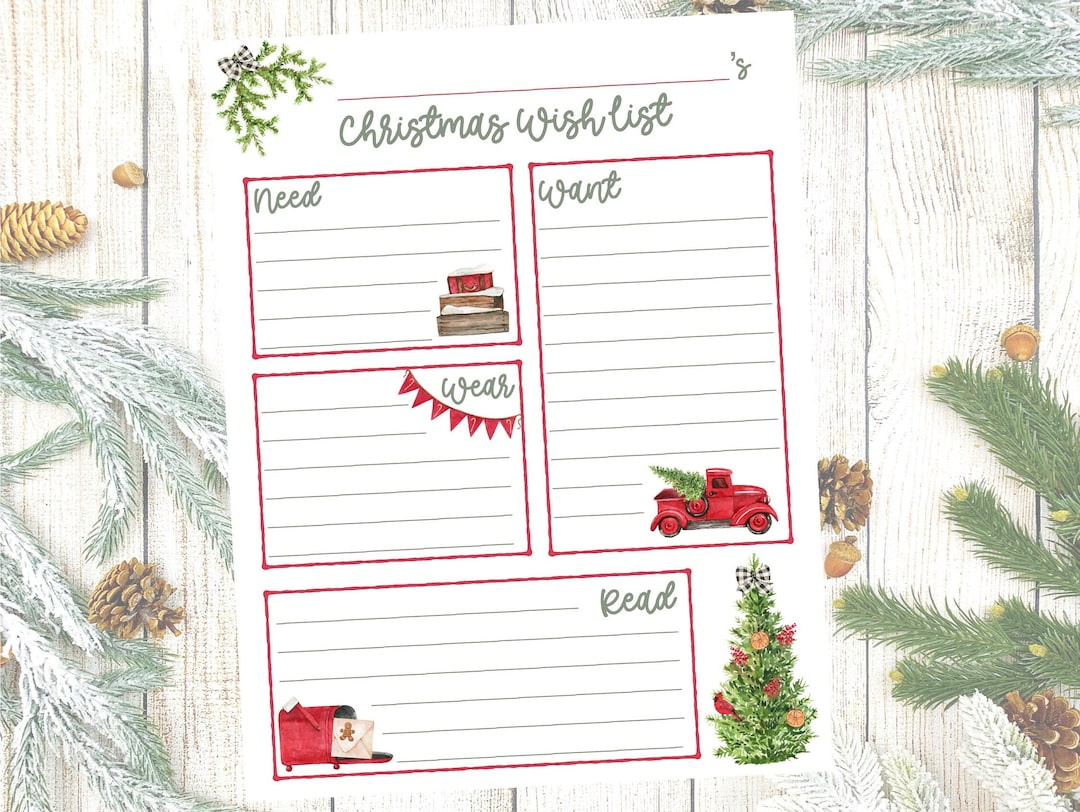 Want, Need, Wear, Read Christmas List Printable, Christmas Wish for Want Need Wear Read Christmas List Printable Free