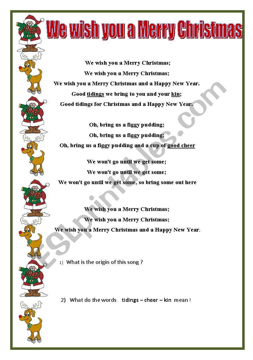 We Wish You A Merry Christmas - Esl Worksheetswissprof throughout Printable Lyrics For We Wish You A Merry Christmas