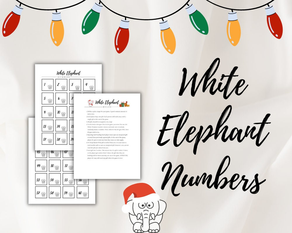 White Elephant Numbers, White Elephant Gifts Funny, White Elephant in Printable Numbers For White Elephant Game