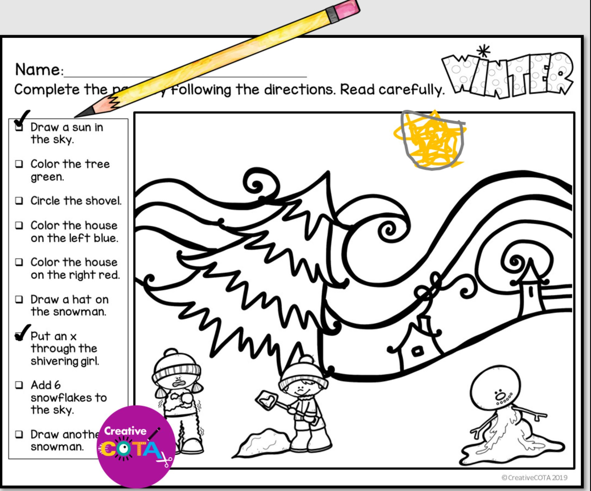 Winter Following Directions Activity - Your Therapy Source within Following Directions Christmas Worksheet