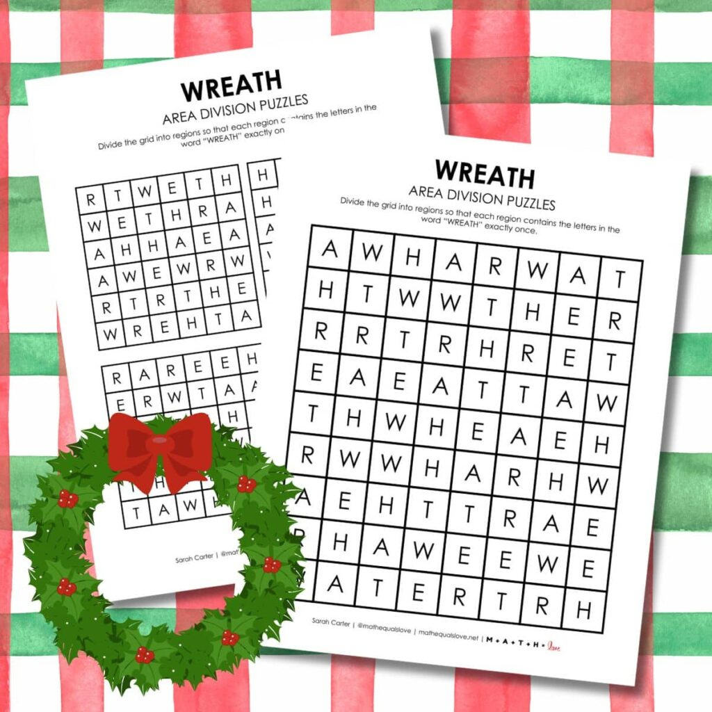 Wreath Area Division Logic Puzzles | Math = Love for Christmas Logic Puzzles Printable Free