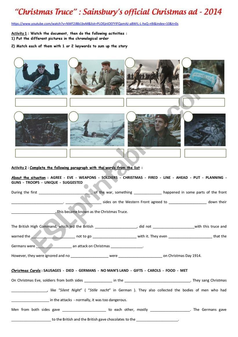 Ww1 : The Christmas Truce - Esl Worksheetkrysstl within Christmas Truce Worksheet
