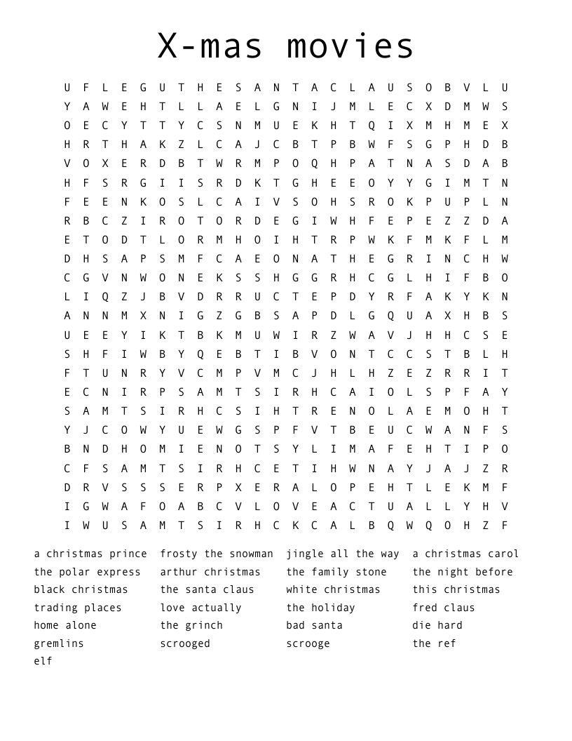 X-Mas Movies Word Search - Wordmint inside Christmas Movie Word Search Printable