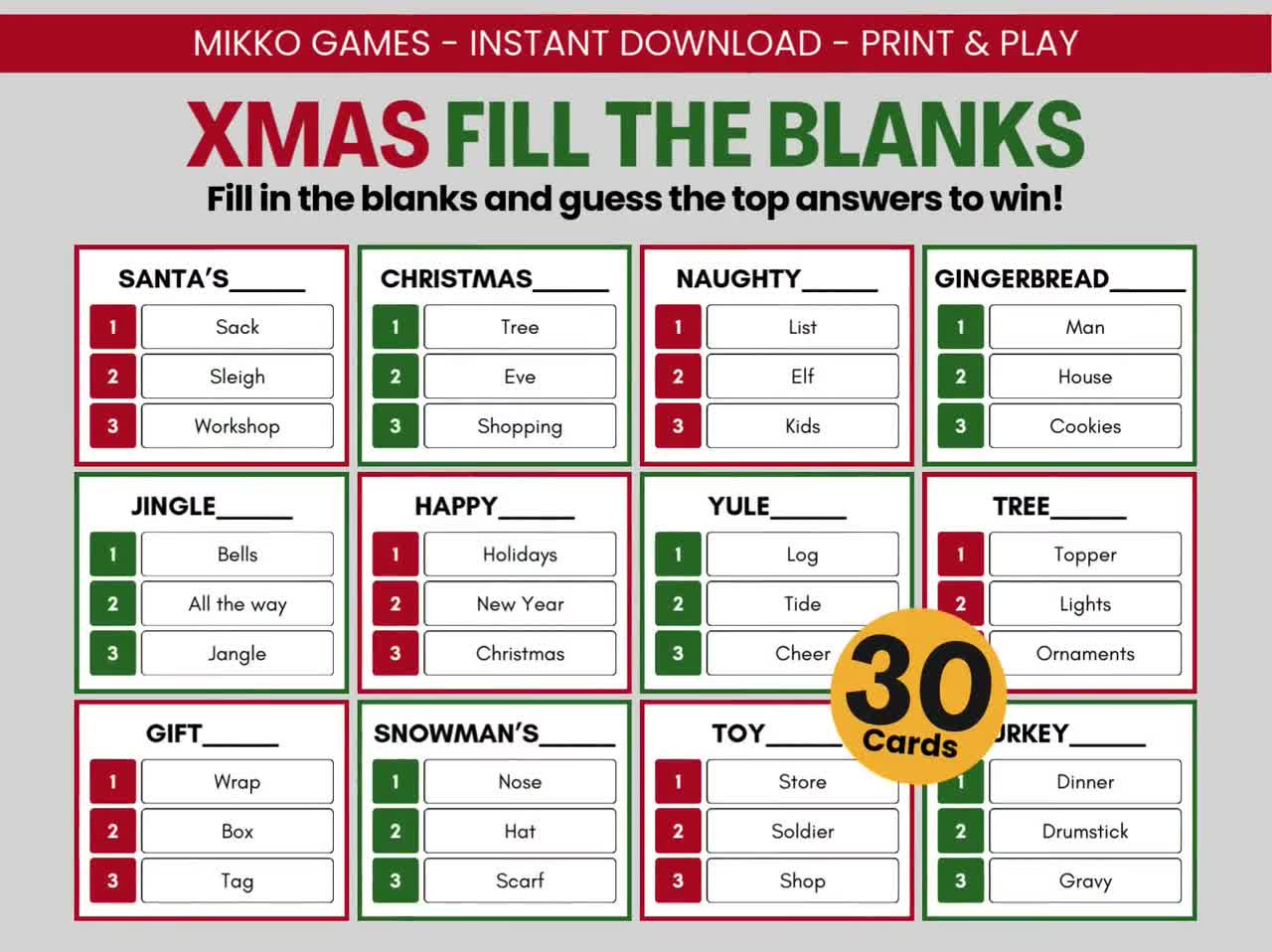 Xmas Fill The Blanks: Printable Large Group Party Game For Kids &amp;amp; Adults,  Blankety Blank Super Match Game For Christmas Parties throughout Christmas Fill In The Blank Games Printable