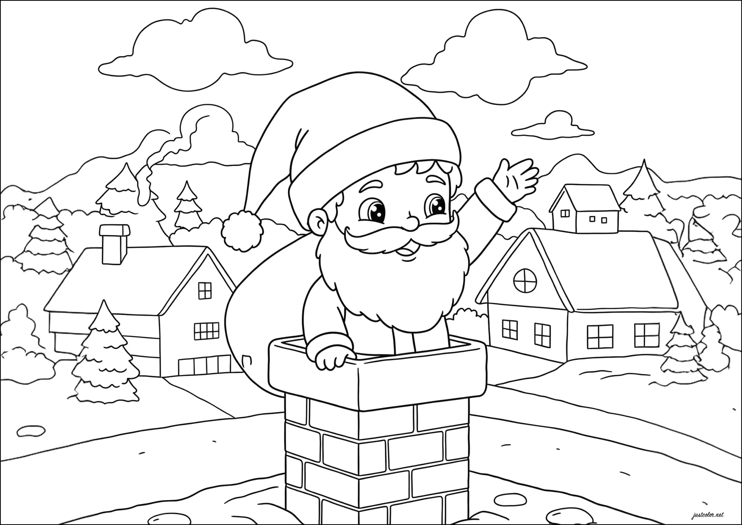 Young Santa Claus Entering A Chimney - Christmas Coloring Pages regarding Santa Chimney Printable