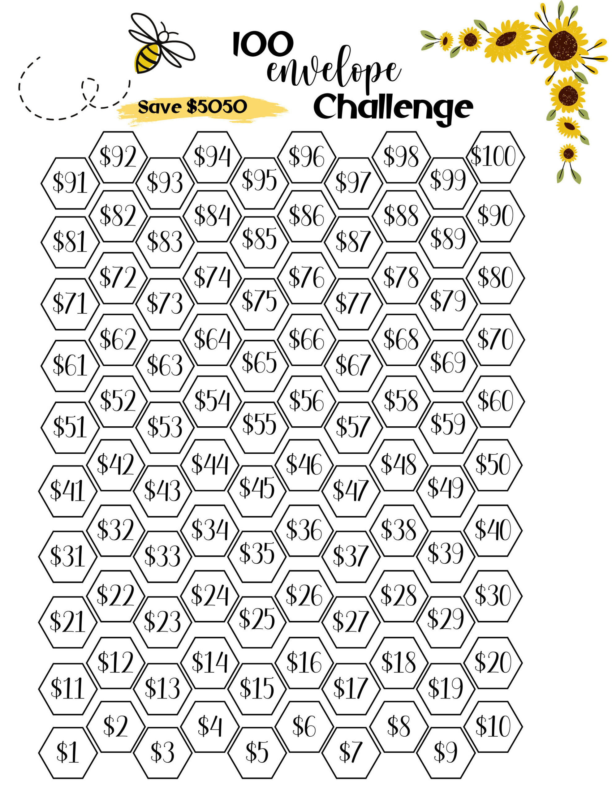 100 Envelope Challenge Tracker: Bienen-Thema Sparziel (Druckbar inside Printable 100 Envelope Challenge Tracker
