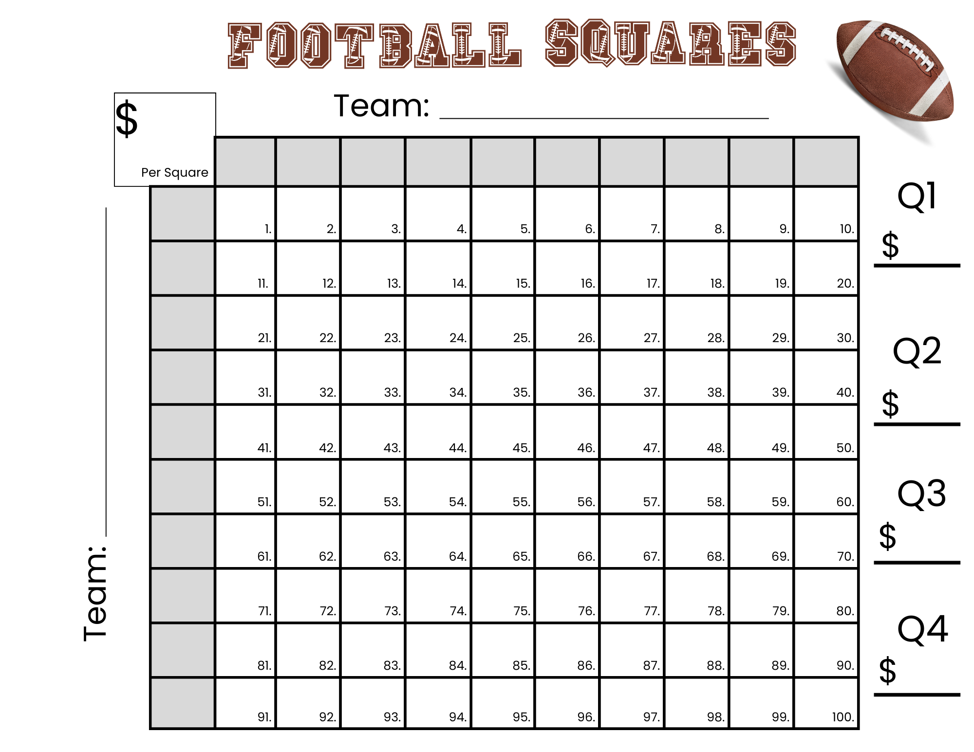 100 Football Squares Game Printable 10×10 Football Squares intended for Printable Super Bowl 100 Squares