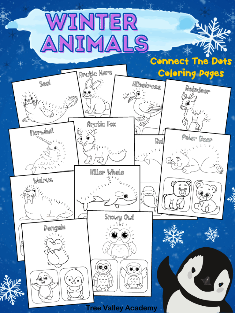 12 Winter Animals Connect The Dot Coloring Pages For Kids throughout Winter Animals Preschool Printable
