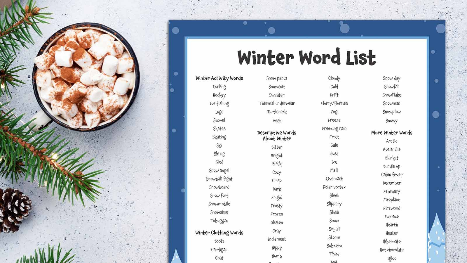 120+ Winter Words For Writing, Vocab, And More (Free Printable!) for Winter Word List Printable