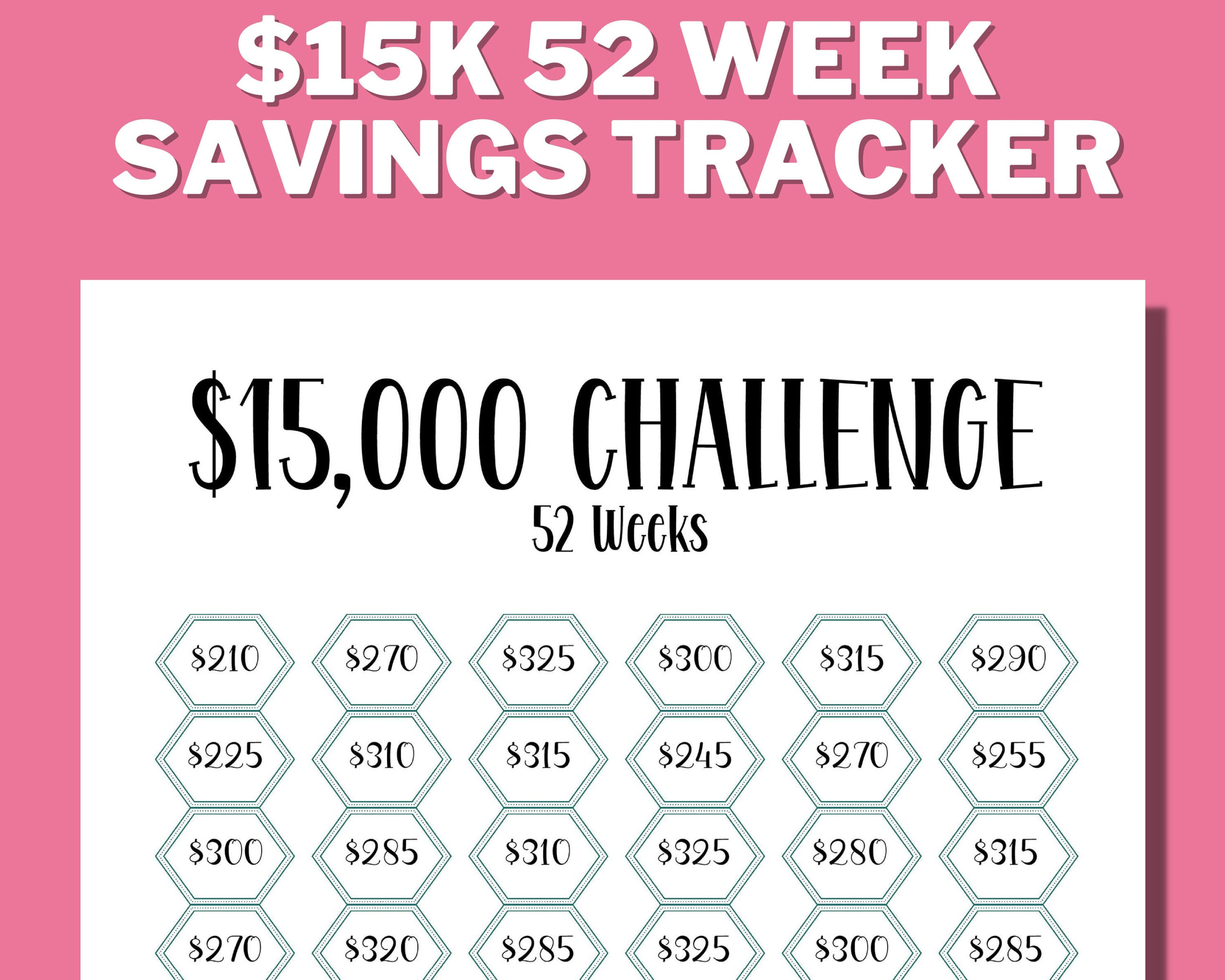 15K 52 Week Savings Challenge Printable, 15000 Saving Tracker, 15K intended for 52 Week Savings Tracker Printable