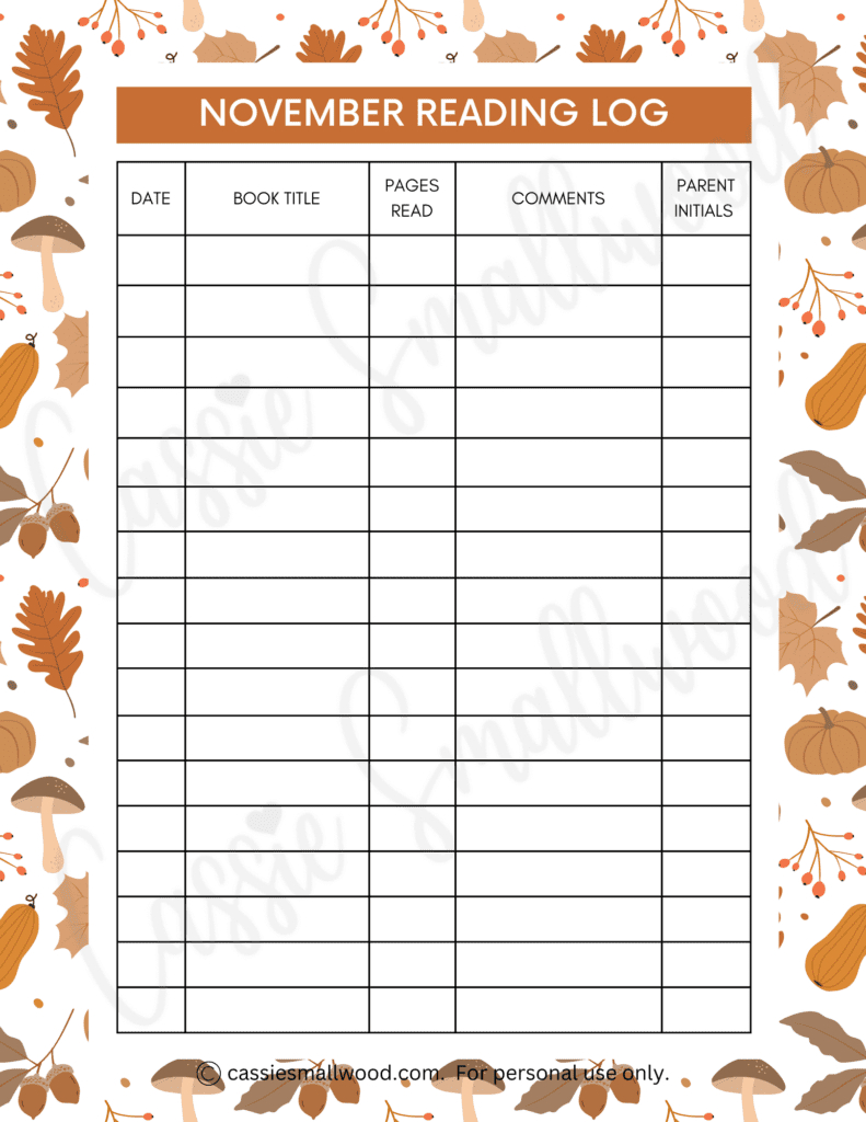 17 Cute Reading Logs {Free Printable} - Cassie Smallwood for November Reading Log Printable