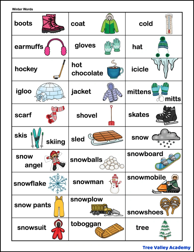 170+ Winter Vocabulary Words From A To Z - Tree Valley Academy in Winter Word List Printable