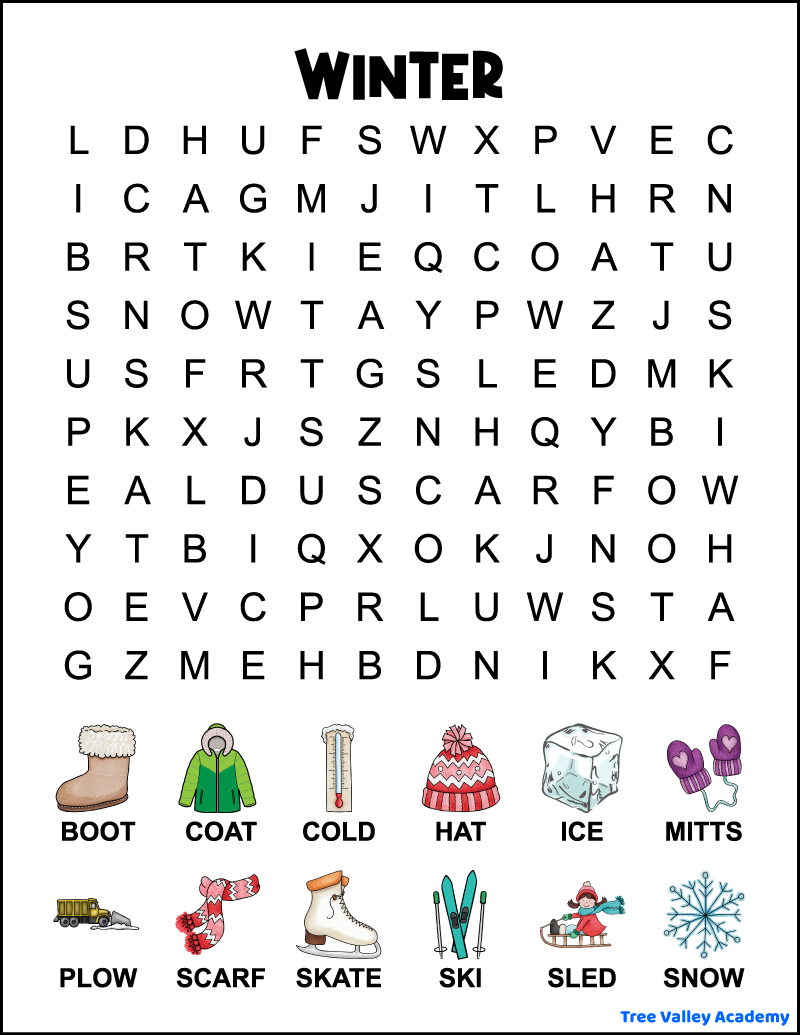 1St Grade Winter Word Search - Tree Valley Academy throughout Winter Word Search Puzzles Printable