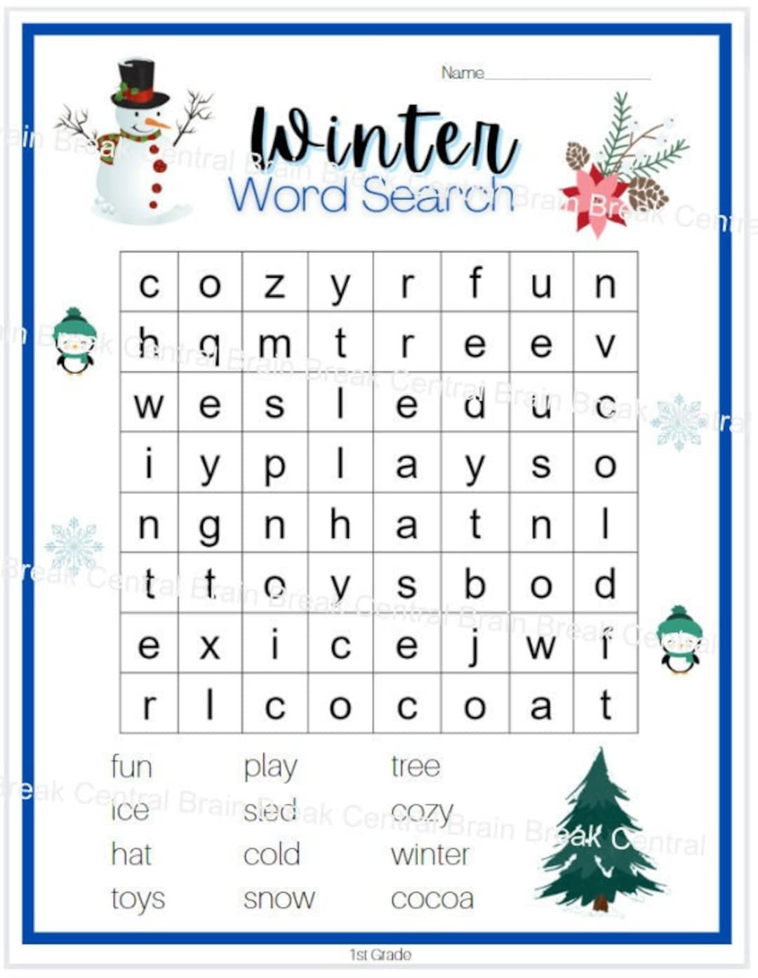 1St Grade Winter Word Search With Answer Key, Printable - Etsy pertaining to Winter Word Search Kindergarten Printable