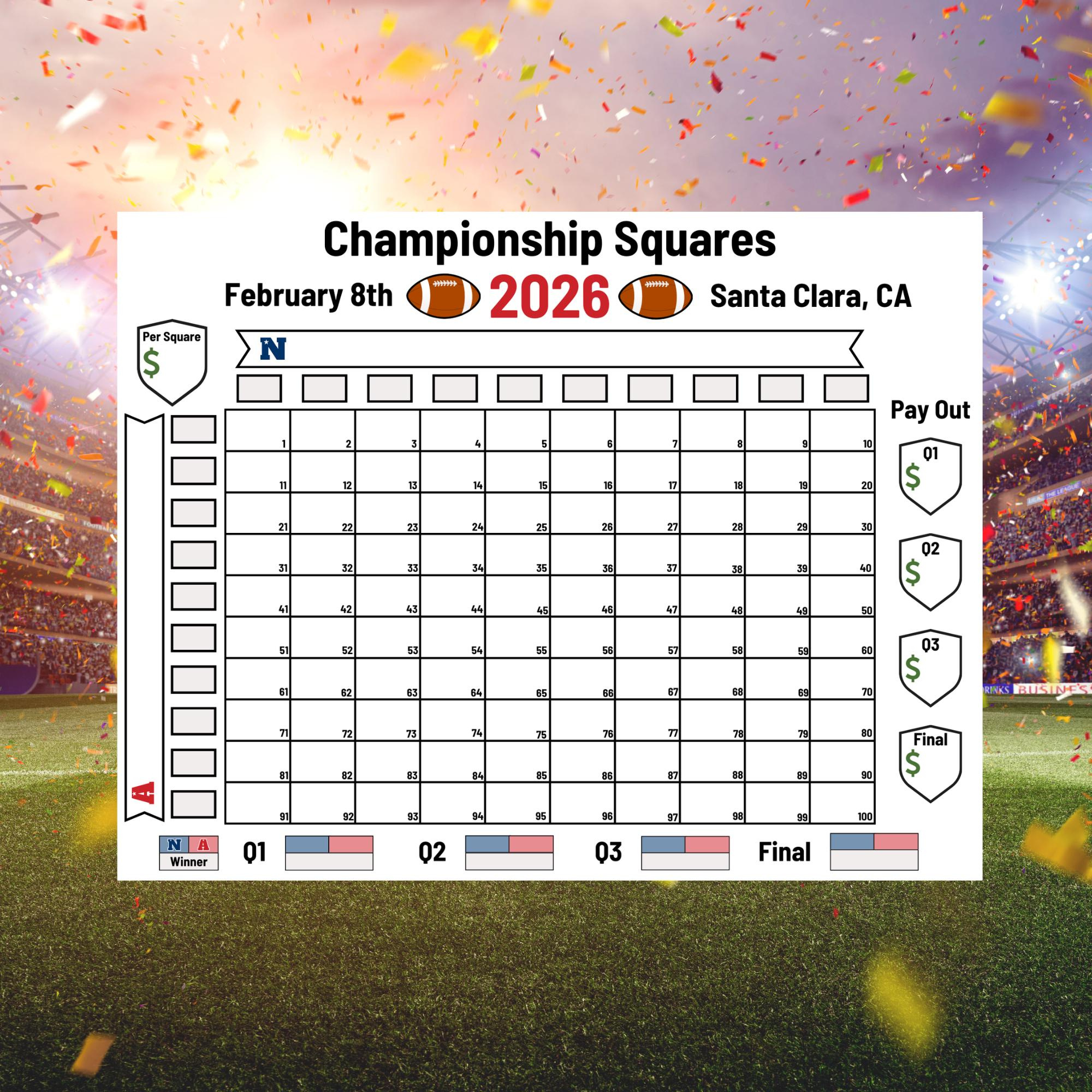 2026 Football Championship Squares Game, Big Game Football Pool with Super Bowl Squares 2026 Printable