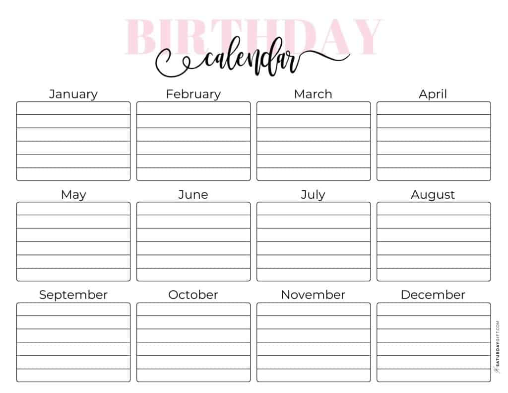 26 Cute &amp;amp; Free Printable Birthday Calendar Templates | Saturdaygift intended for Birthday Tracker Free Printable