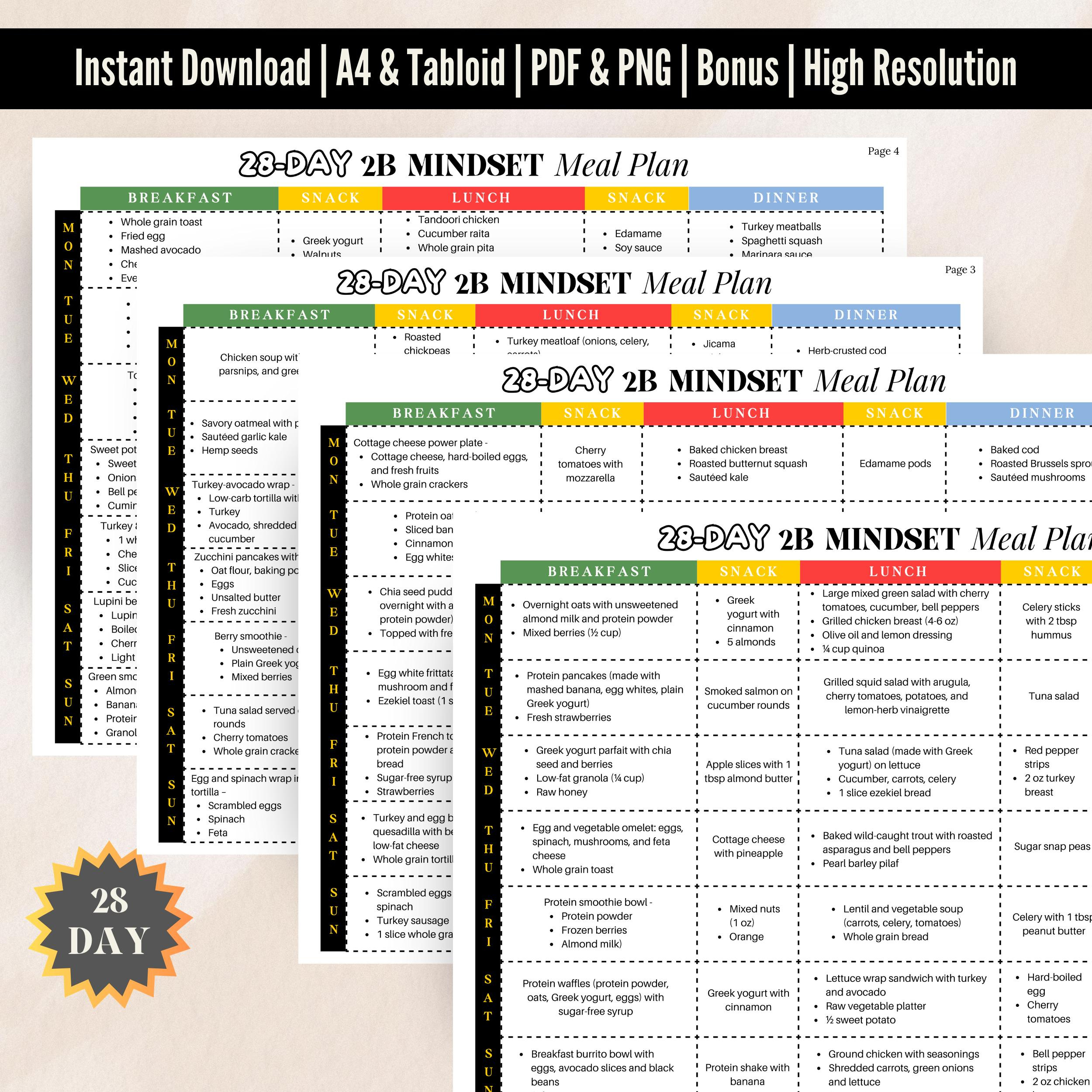 28 Day 2B Mindset Printable Meal Plan, Bodi Weight Loss Meal Plans in 2B Mindset Tracker Printable