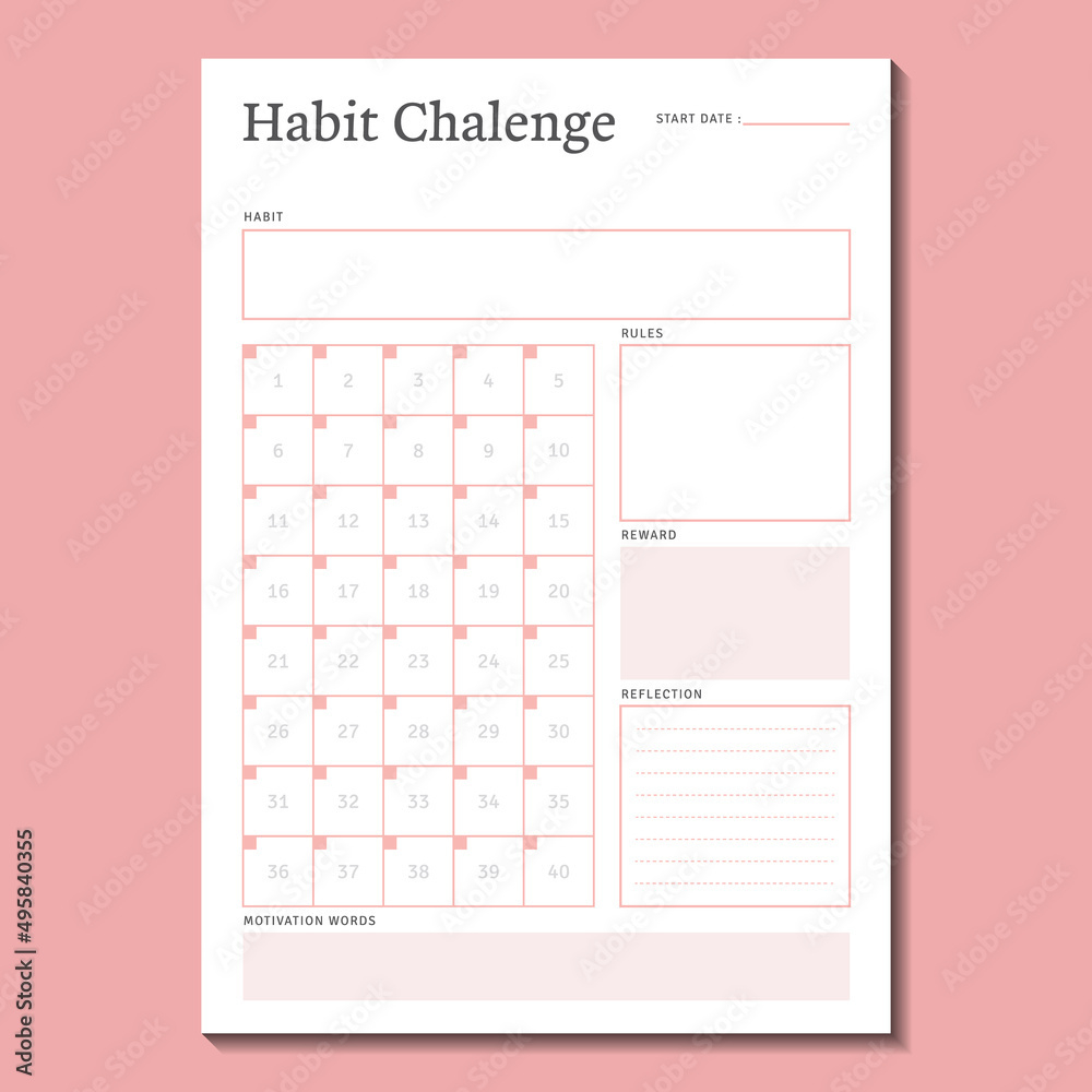 40 Day Habit Challenge Planner Daily Tracker Grid Template Vector with 40 Days Habit Tracker Printable