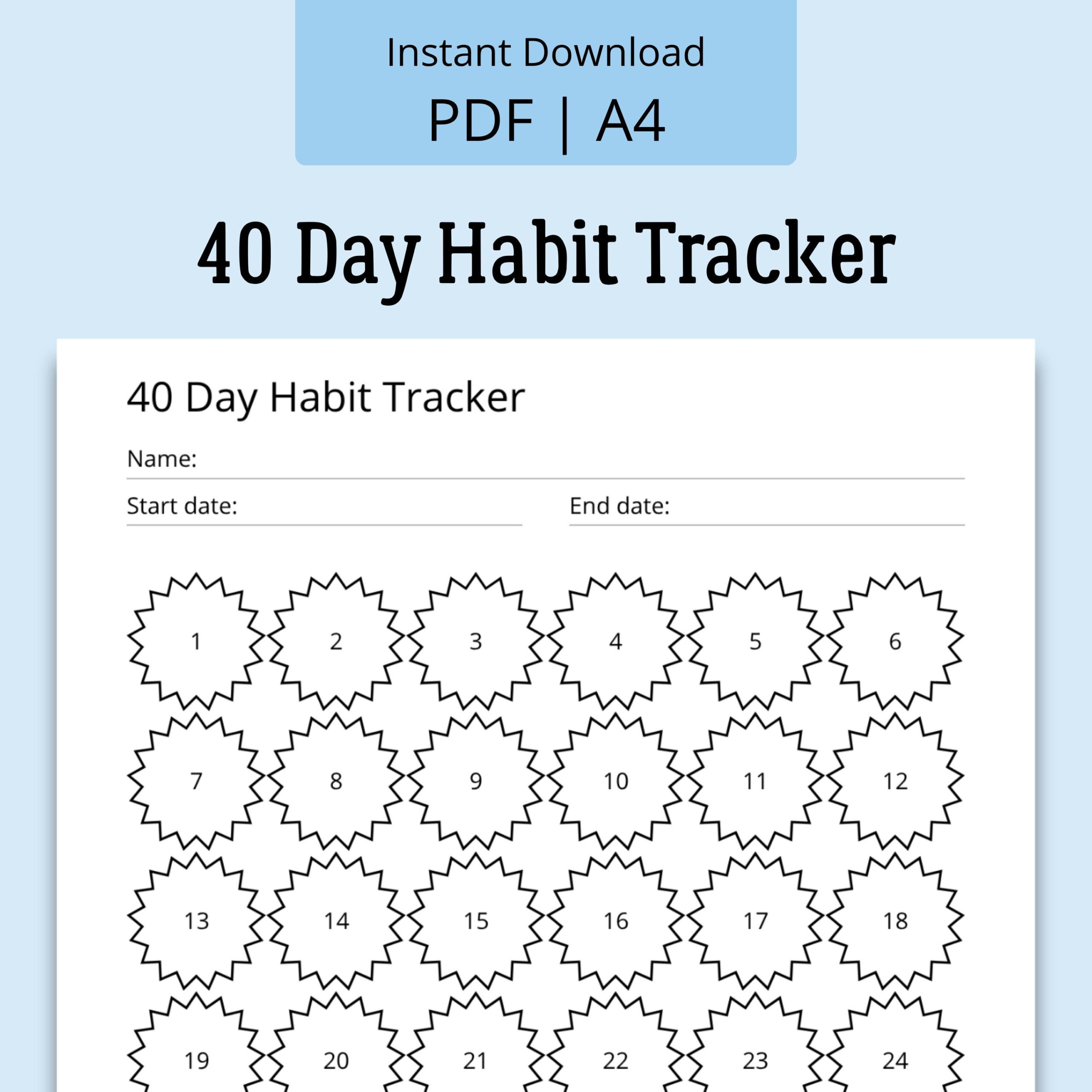 40 Day Habit Tracker: Daily Progress Pdf A4 - Digital Download - Etsy regarding 40 Days Habit Tracker Printable
