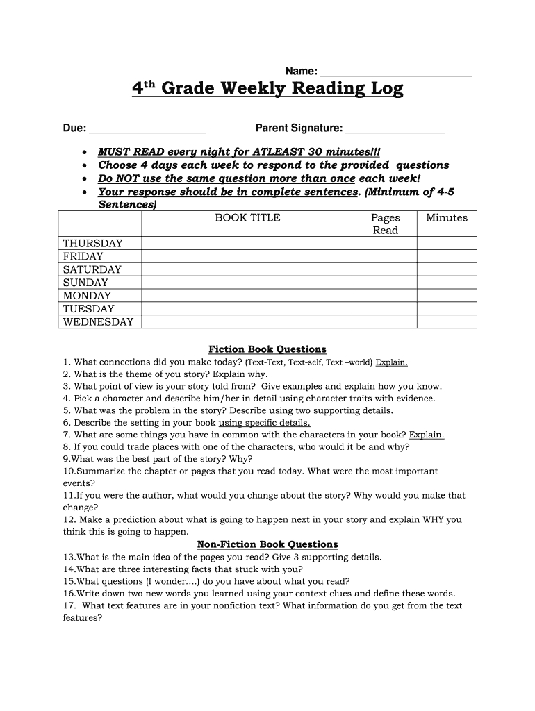 4Th Grade Reading Log Printable: Fill Out &amp;amp; Sign Online | Dochub regarding Reading Log For 4Th Grade Free Printable