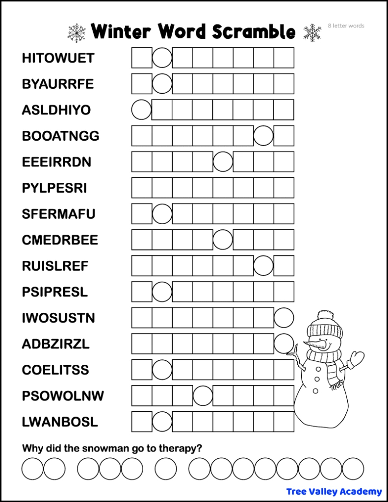 5 Printable Winter Word Scrambles - Tree Valley Academy inside Winter Brain Teasers Printable