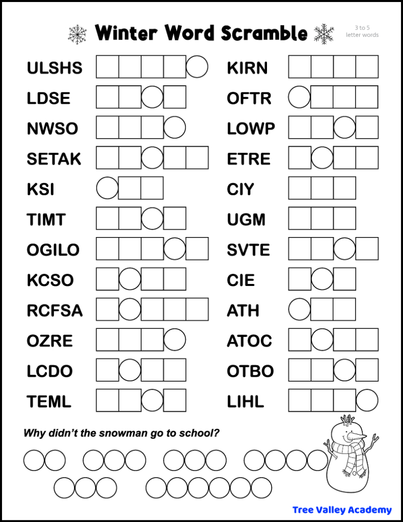 5 Printable Winter Word Scrambles - Tree Valley Academy with regard to Free Printable Winter Word Scramble