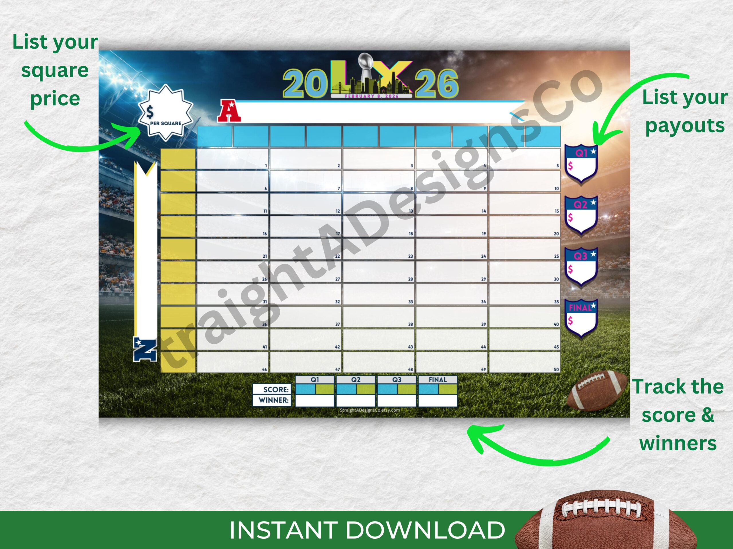 50 Super Football Bowl Squares 2026 Football Pool Printable for Printable Super Bowl Squares 2026