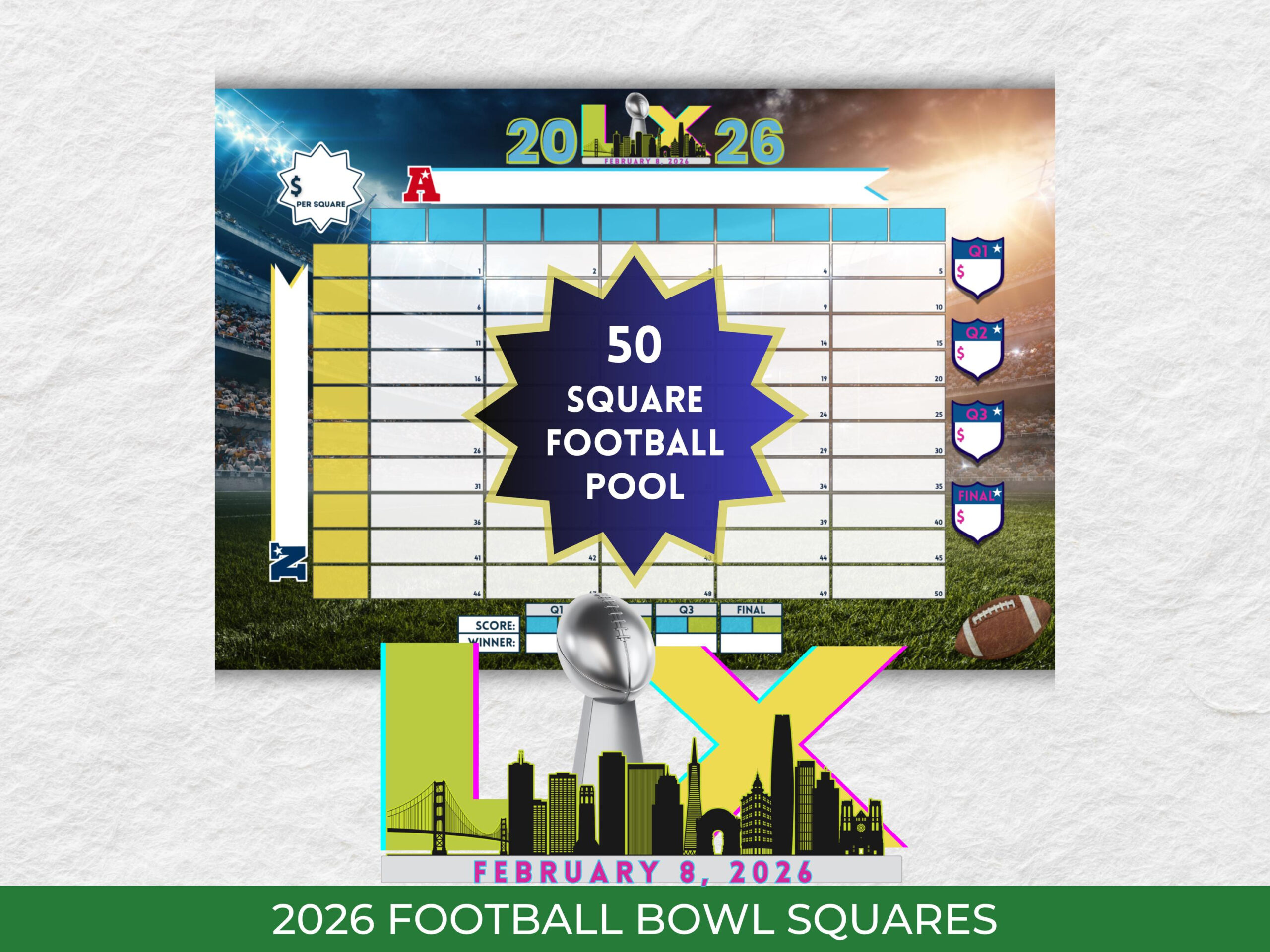 50 Super Football Bowl Squares 2026 Football Pool Printable intended for Printable Super Bowl Squares 2026