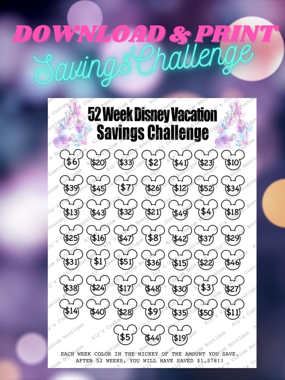 52 Wochen Disney Urlaubsspar-Challenge Printable | Geldspar within Free Printable Disney Savings Tracker