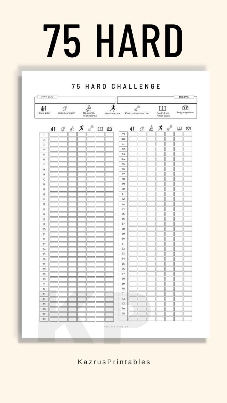 75 Hard Challenge, 75 Hard Tracker, 75 Day Challenge Printable throughout Free Printable 75 Hard Tracker