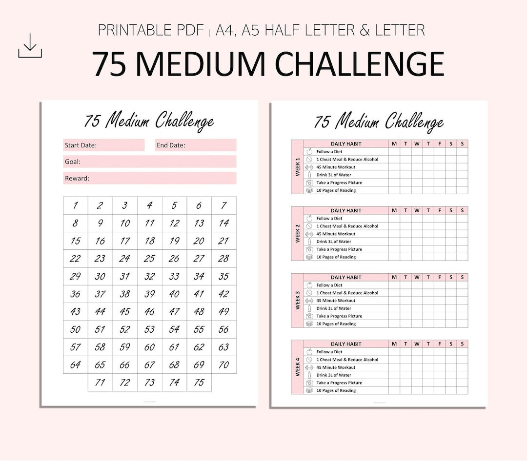 75 Medium Challenge Tracker - 75 Challenge Printable - Pdf - A4 intended for Printable 75 Medium Challenge Tracker